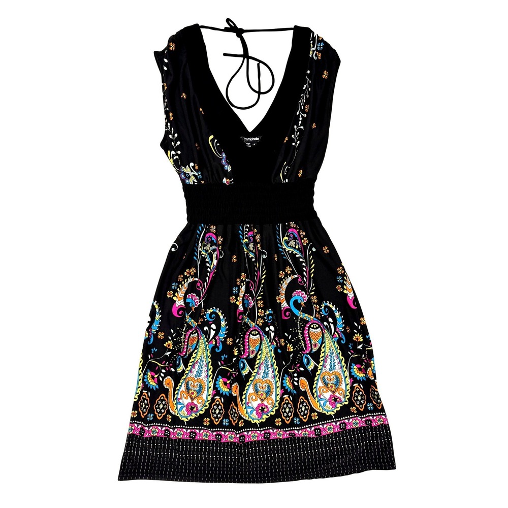 MyMichelle Women Black Paisley Floral Smocked Empire Waist V-Neck Dress Small